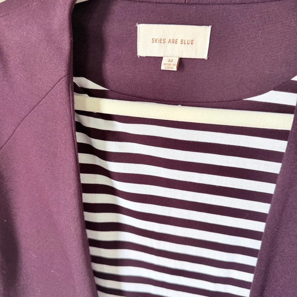 Skies Are Blue Burgundy Open Knit Blazer Striped Lining Anthropologie Medium - Picture 3 of 3